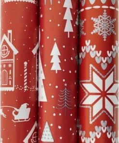 Enper Assortiment Rood Luxe Kerstpapier Inpakpapier Cadeaupapier - 200 X 70 Cm - 3 Rollen