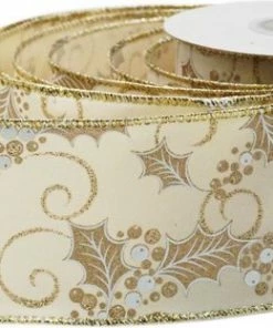 Merkloos Kerst Lint Met IJzerdraad | Stoffen Lint | Twill Satijn Look | Luxe Weefband 38mm (3,8cm) | Hulstbessen Ivoor Wit Goud Glitter | Decoratielint | Kerstlint | Cadeaulint | Lengte: 3 Meter -Parker Shop 550x311