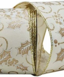 Merkloos Kerst Lint Met IJzerdraad | Stoffen Lint | Twill Satijn Look | Luxe Weefband 38mm (3,8cm) | Hulstbessen Ivoor Wit Goud Glitter | Decoratielint | Kerstlint | Cadeaulint | Lengte: 3 Meter