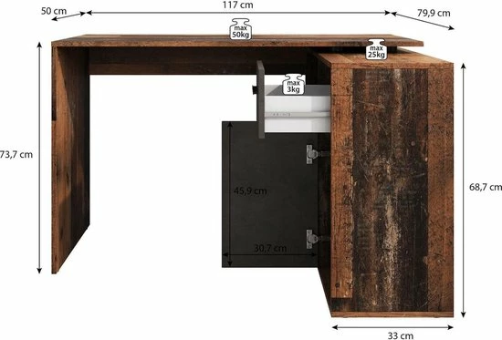 Meubella - Bureau Anderson - Eiken - Grijs 3 Meubella - Bureau Anderson - Eiken - Grijs - Afbeelding 3
