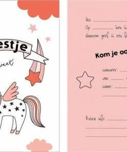 Little Rabbit Uitnodiging Kinderfeestje Unicorn - Eenhoorn - 8 Stuks - Meisje - Roze