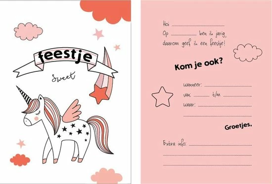 Little Rabbit Uitnodiging Kinderfeestje Unicorn - Eenhoorn - 8 Stuks - Meisje - Roze 1 Little Rabbit Uitnodiging Kinderfeestje Unicorn - Eenhoorn - 8 Stuks - Meisje - Roze