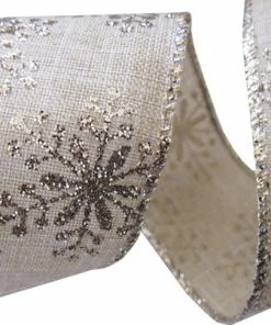 Merkloos Kerst Lint Met IJzerdraad | Jute Burlap Look Lint | Luxe Weefband 38mm (3,8cm) | Sneeuwvlok Goud Zilver Glitters Kerstlint | Natural Licht Bruin Goud | Stoffen Lint | Decoratielint | Cadeaulint | Lengte: 3 Meter