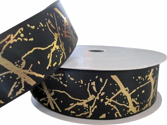 Merkloos Kerst Lint 22mm (2,2cm) | Luxe Satijnlint | Stijlvol Kerstlint Goudfolie | Marmer Look | Marmer Print | Zwart Goud Glitter | Cadeaulint | Decoratielint | Rol: 10 Meter 3 Merkloos Kerst Lint 22mm (2,2cm) | Luxe Satijnlint | Stijlvol Kerstlint Goudfolie | Marmer Look | Marmer Print | Zwart Goud Glitter | Cadeaulint | Decoratielint | Rol: 10 Meter - Afbeelding 3