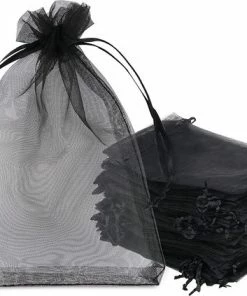Merkloos Organza Zakjes - 10x15 Cm - Feestzakjes - Snoepzakjes - Cadeauzakjes - Geboorte - Sieradenzakjes - Trekkoord - Zwart - 100 Stuks