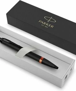 Parker IM Vibrant Rings Balpen | Satijn Zwarte Lak Met Feloranje Details | Medium Punt Met Blauwe Inkt Navulling | Geschenkdoos