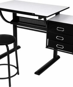 Trend24 - Schrijftafel - Tekentafel - Bureau - Met Kruk - Verstelbaar - Opbergruimte - Zwart - Wit