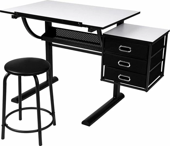 Trend24 - Schrijftafel - Tekentafel - Bureau - Met Kruk - Verstelbaar - Opbergruimte - Zwart - Wit 1 Trend24 - Schrijftafel - Tekentafel - Bureau - Met Kruk - Verstelbaar - Opbergruimte - Zwart - Wit