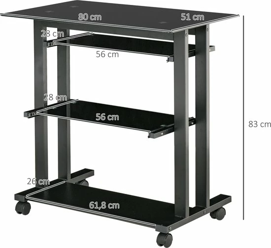 HOMCOM Op Wielen Bureau Computertafel Bureau Werktafel Met Glazen Aflegvlak Zwart 920-015 2 HOMCOM Op Wielen Bureau Computertafel Bureau Werktafel Met Glazen Aflegvlak Zwart 920-015 - Afbeelding 2