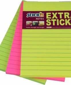 3 Stick'n Schrijfblokken, 152x101mm Gelinieerd, Extra Sticky, Neon Geel/magenta/groen, 3x90 Memoblaadjes