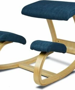 Ella® Kniestoel - Ergochair - Ergonomische Werkkruk En Bureaustoel - Werkkruk - Max 130kg - Naturel Hout, Blauw Linnen