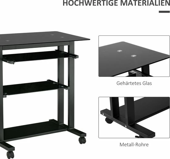 HOMCOM Op Wielen Bureau Computertafel Bureau Werktafel Met Glazen Aflegvlak Zwart 920-015 9 HOMCOM Op Wielen Bureau Computertafel Bureau Werktafel Met Glazen Aflegvlak Zwart 920-015 - Afbeelding 9