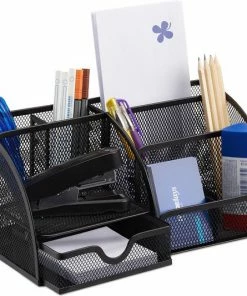 Relaxdays Pennenbak 6 Vakken - Bureau Organizer - Gaas - Metaal - Bureaustandaard - Mesh - Zwart