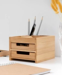 Navaris Bamboe Bureau-organizer 2 Lades - Desk Organizer Bamboe Klein - Pennenbak Met Lades - Opbergen Van Bureau-accessoires En Make-up -Parker Shop 550x550 308