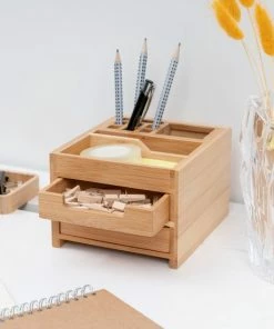 Navaris Bamboe Bureau-organizer 2 Lades - Desk Organizer Bamboe Klein - Pennenbak Met Lades - Opbergen Van Bureau-accessoires En Make-up -Parker Shop 550x550 309