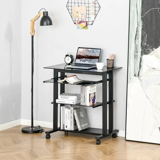 HOMCOM Op Wielen Bureau Computertafel Bureau Werktafel Met Glazen Aflegvlak Zwart 920-015 11 HOMCOM Op Wielen Bureau Computertafel Bureau Werktafel Met Glazen Aflegvlak Zwart 920-015 - Afbeelding 11