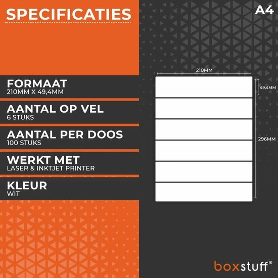 Boxstuff A4 Stickervellen - Ordner Etiketten Stickers - Geschikt Inktjet En Laser Printers - 6 Per Vel - 210x49,4MM 2 Boxstuff A4 Stickervellen - Ordner Etiketten Stickers - Geschikt Inktjet En Laser Printers - 6 Per Vel - 210x49,4MM - Afbeelding 2