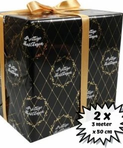 Merkloos 2 X Kerst Cadeaupapier Rollen Inpakpapier Zwart Goud - 300 X 50 Cm - Stevig - Groot