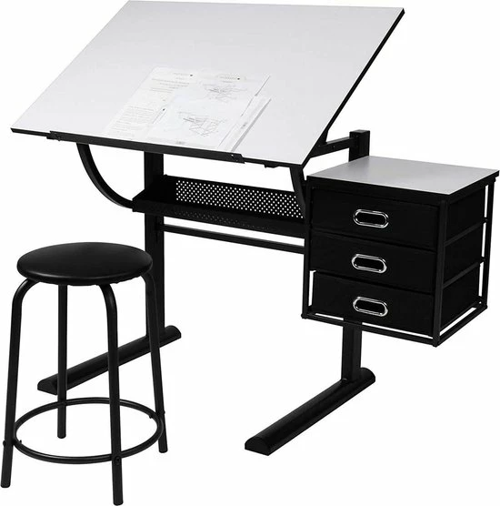 Trend24 - Schrijftafel - Tekentafel - Bureau - Met Kruk - Verstelbaar - Opbergruimte - Zwart - Wit 2 Trend24 - Schrijftafel - Tekentafel - Bureau - Met Kruk - Verstelbaar - Opbergruimte - Zwart - Wit - Afbeelding 2