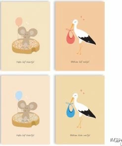 Wenskaarten Geboorte - Enkele Kaarten 8 Stuks (4x2) - Kaartenset Met Enveloppen & Sluitstickers - Made By Mary