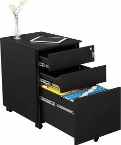 Merkloos Luxe Stalen Ladeblok Op Wielen - Met Slot - Verrijdbare Archiefkast Kantoor Kast - Mobiele Hangmap Bureau Kast - Afsluitbaar - 3 Laden - Zwart