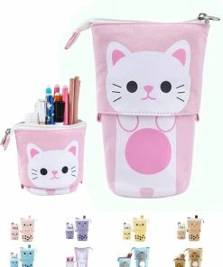 LIXIN Staande Etui - Roze Kat - Pennenzak Voor Jongens En Meisjes - Canvas - Linnen - School Etui - Staande Etui Voor Kinderen En Volwassenen - School - Terug Naar School - Back To School - Leuke Telescopishe Pennenhouder - Leuk Etui - Gift - Cadeau